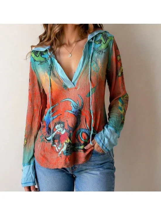 Butterfly Dropout Hoodie Top Small Boho Colorful Graphic V-Neck Pullover Mermaid - Picture 1 of 9